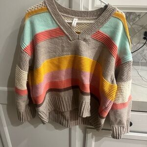 Daily Practice Anthro - Multicolor Striped V-Neck Sweater - Beige with Stripes